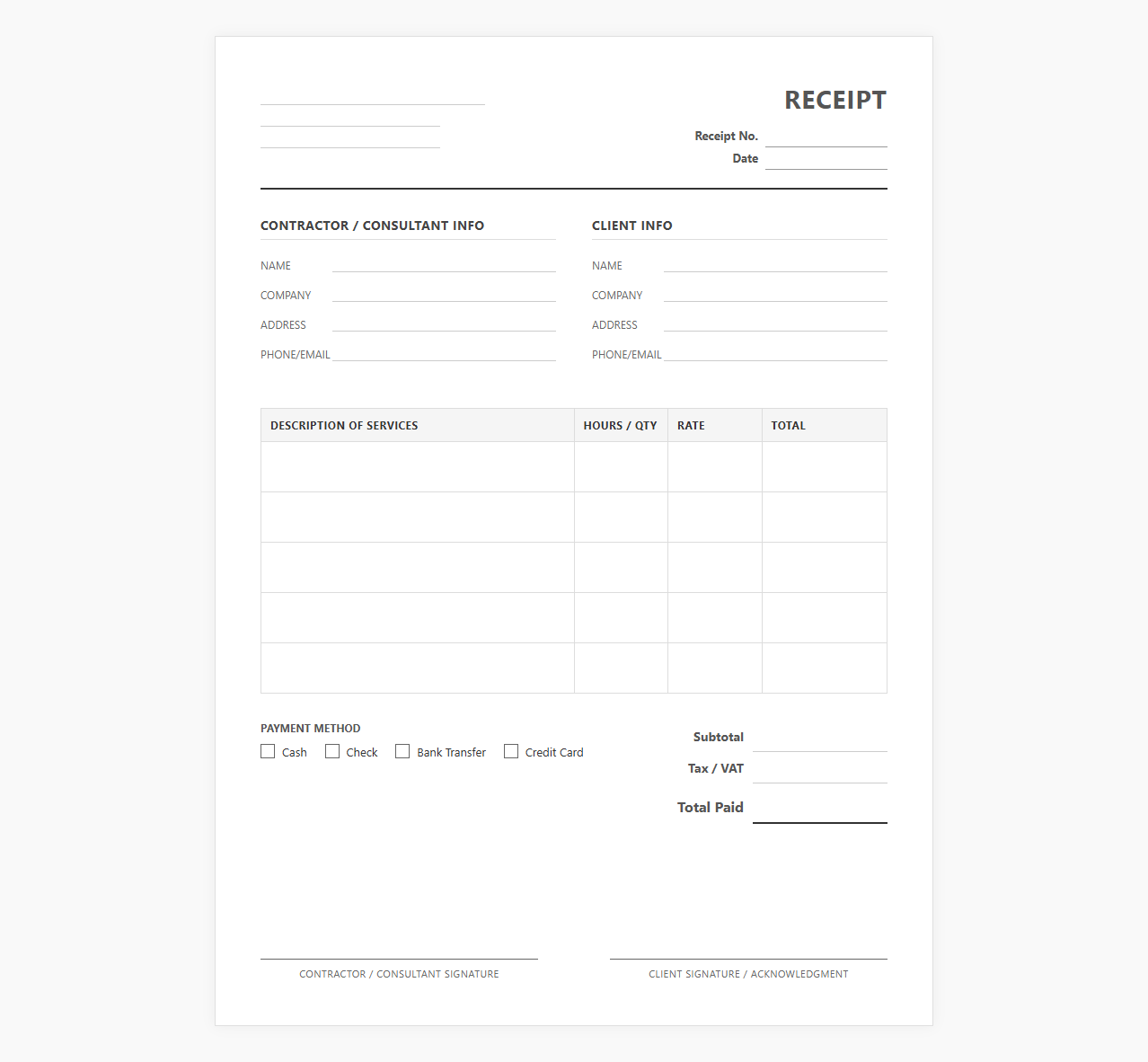 Consultant and Contractor Service Receipt