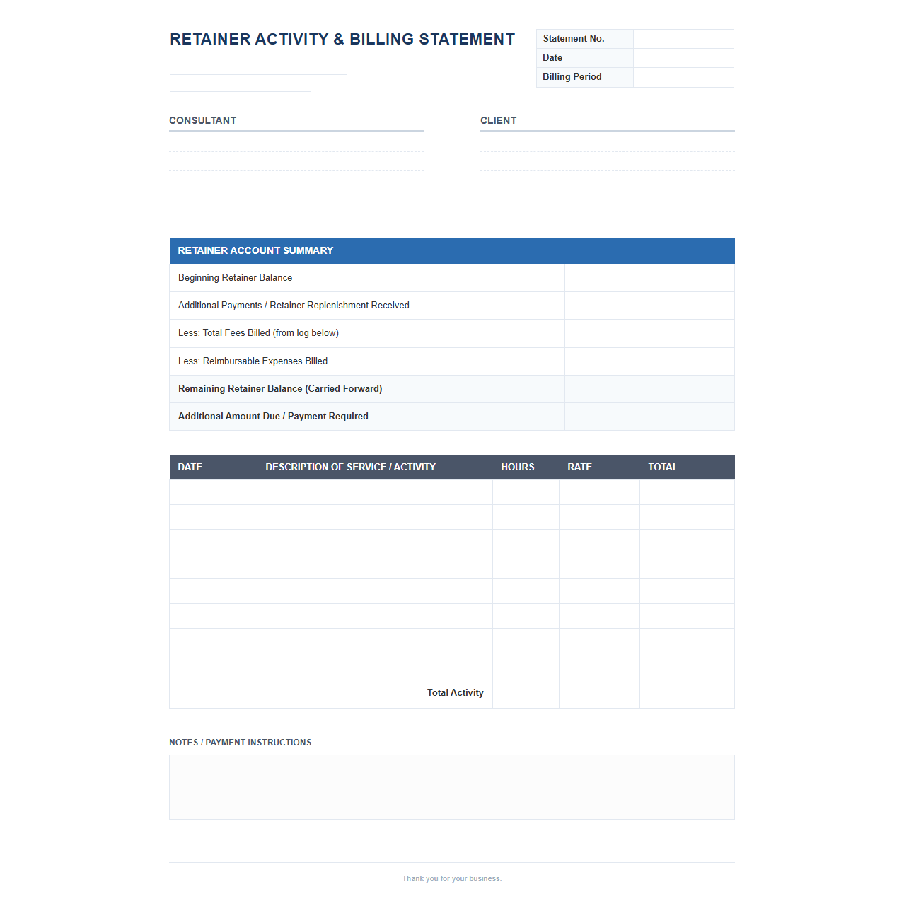Consulting Retainer Activity and Billing Statement