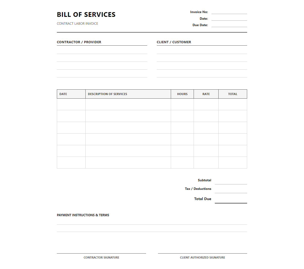Contract Labor Bill of Services Template