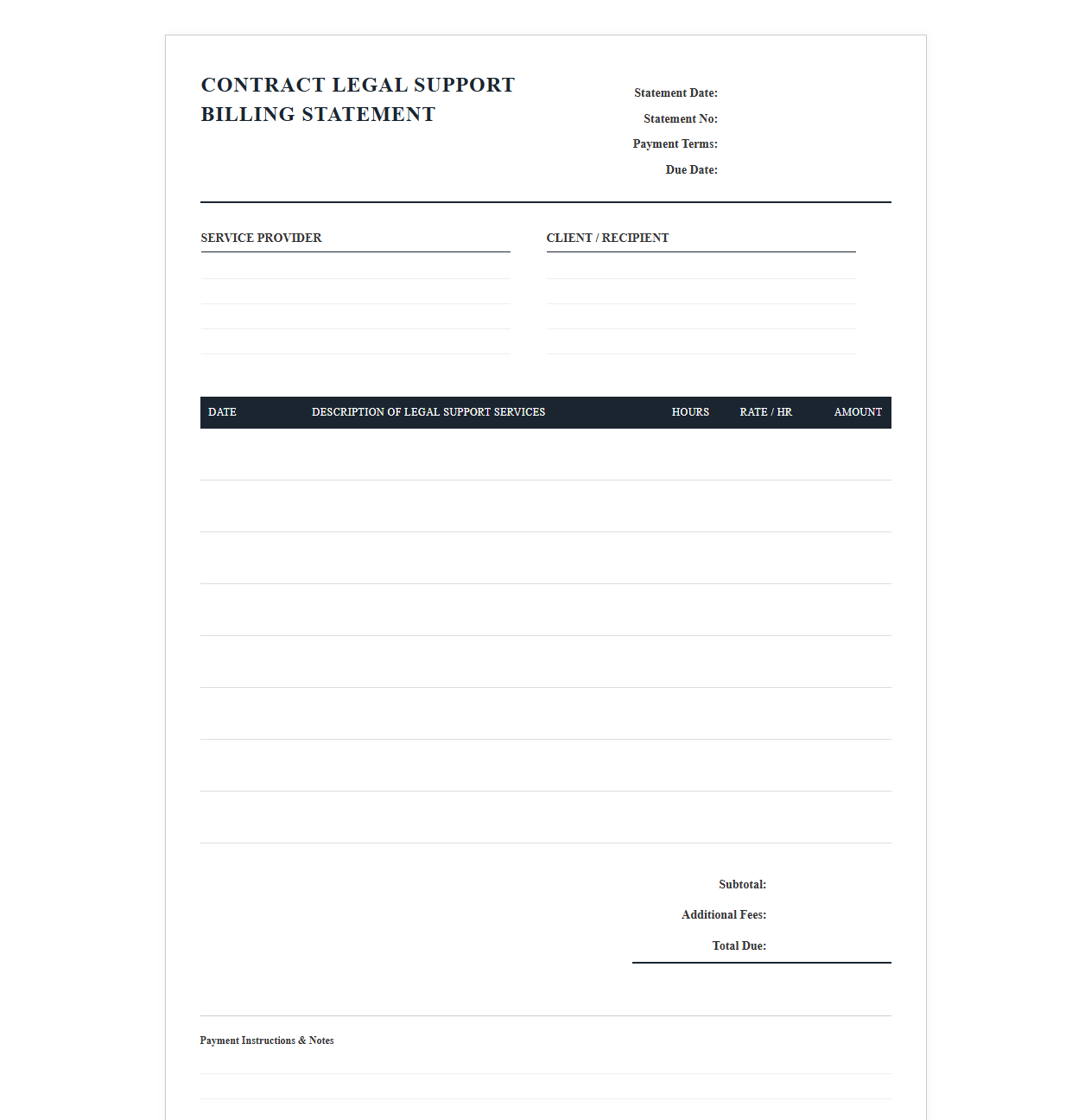 Contract Legal Support Billing Statement