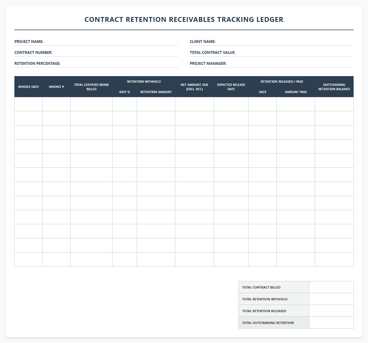 Contract Retention Receivables Tracking Ledger