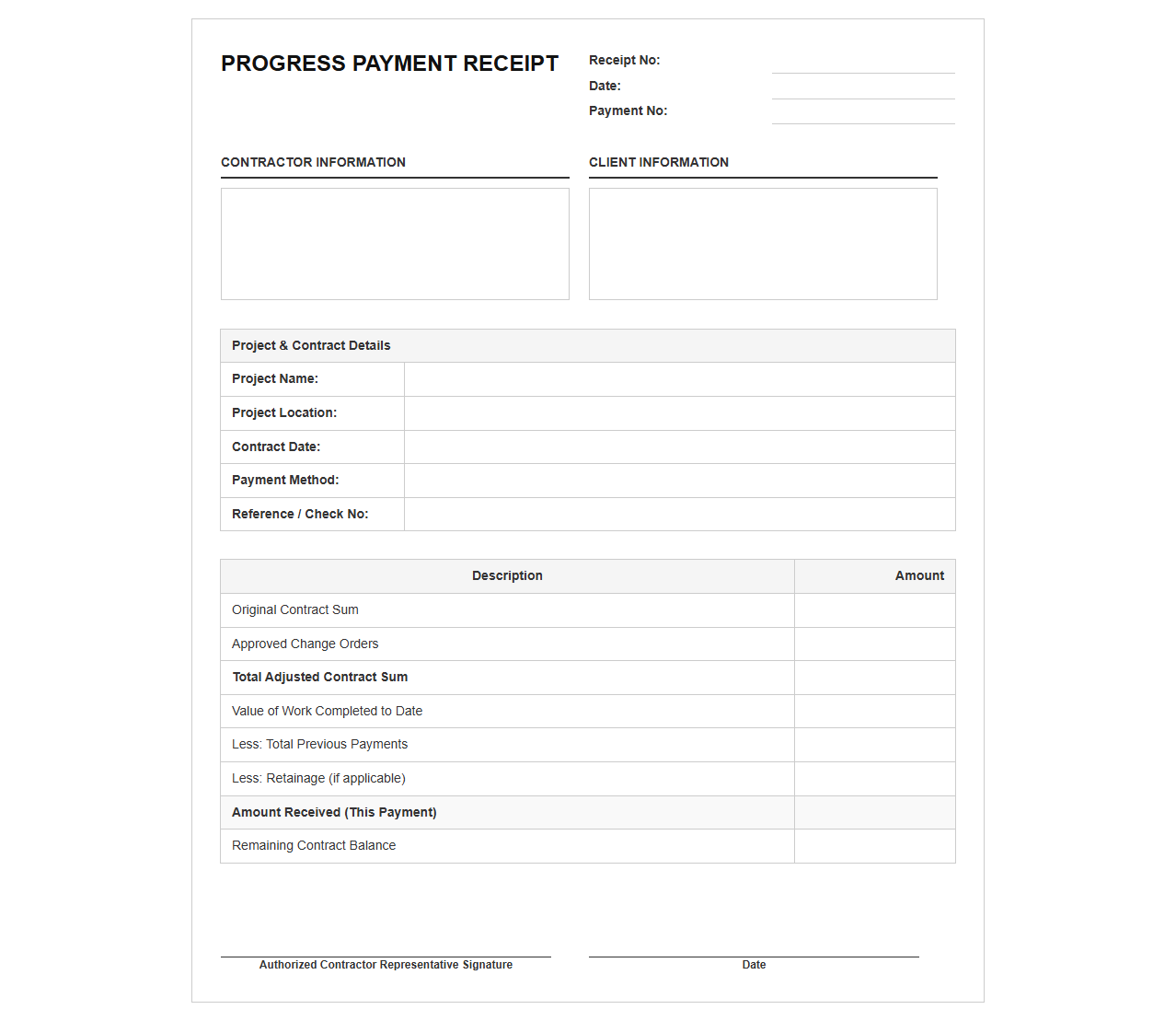 Contractor Progress Payment Receipt Template