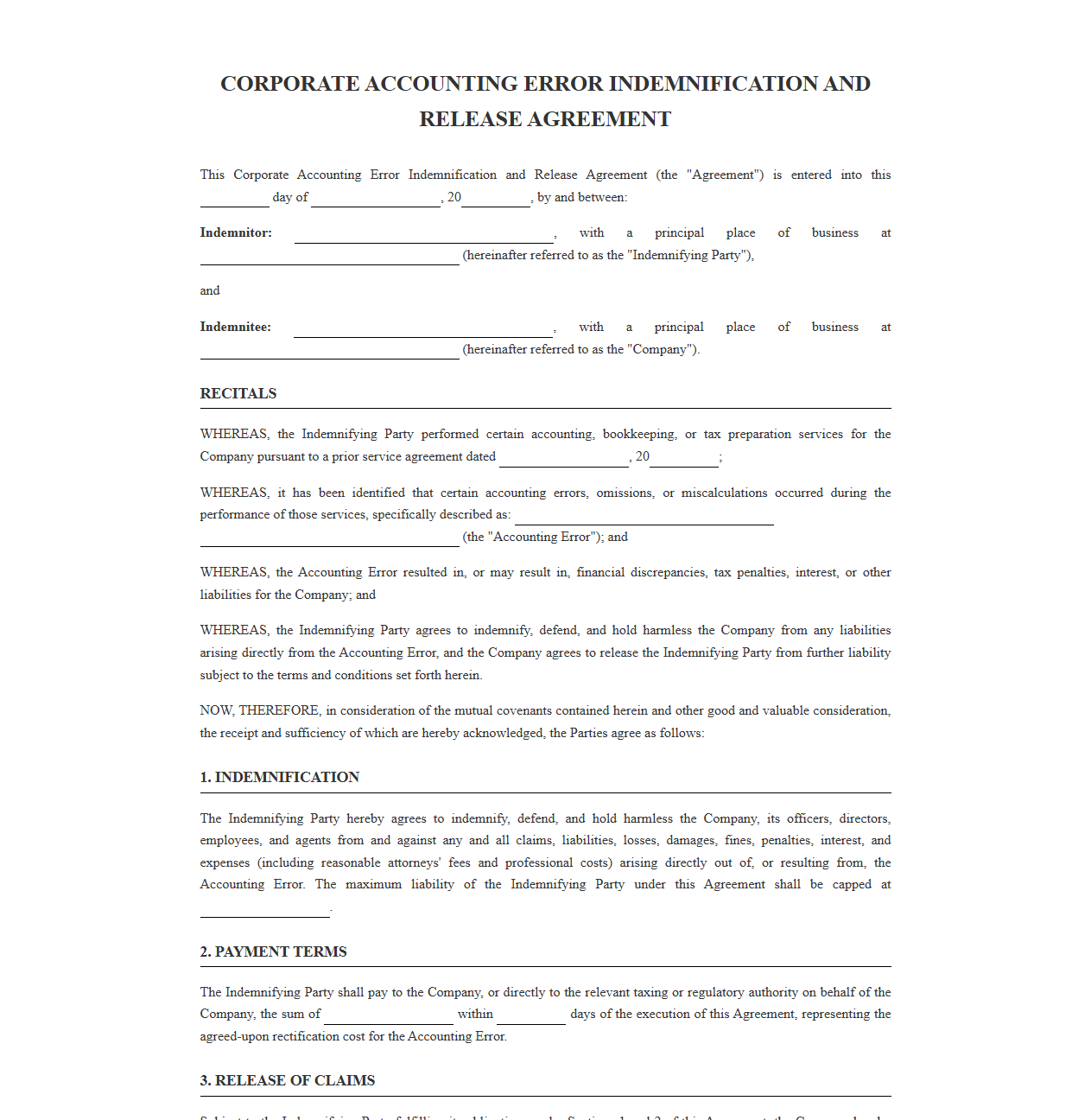 Corporate Accounting Error Indemnification Release