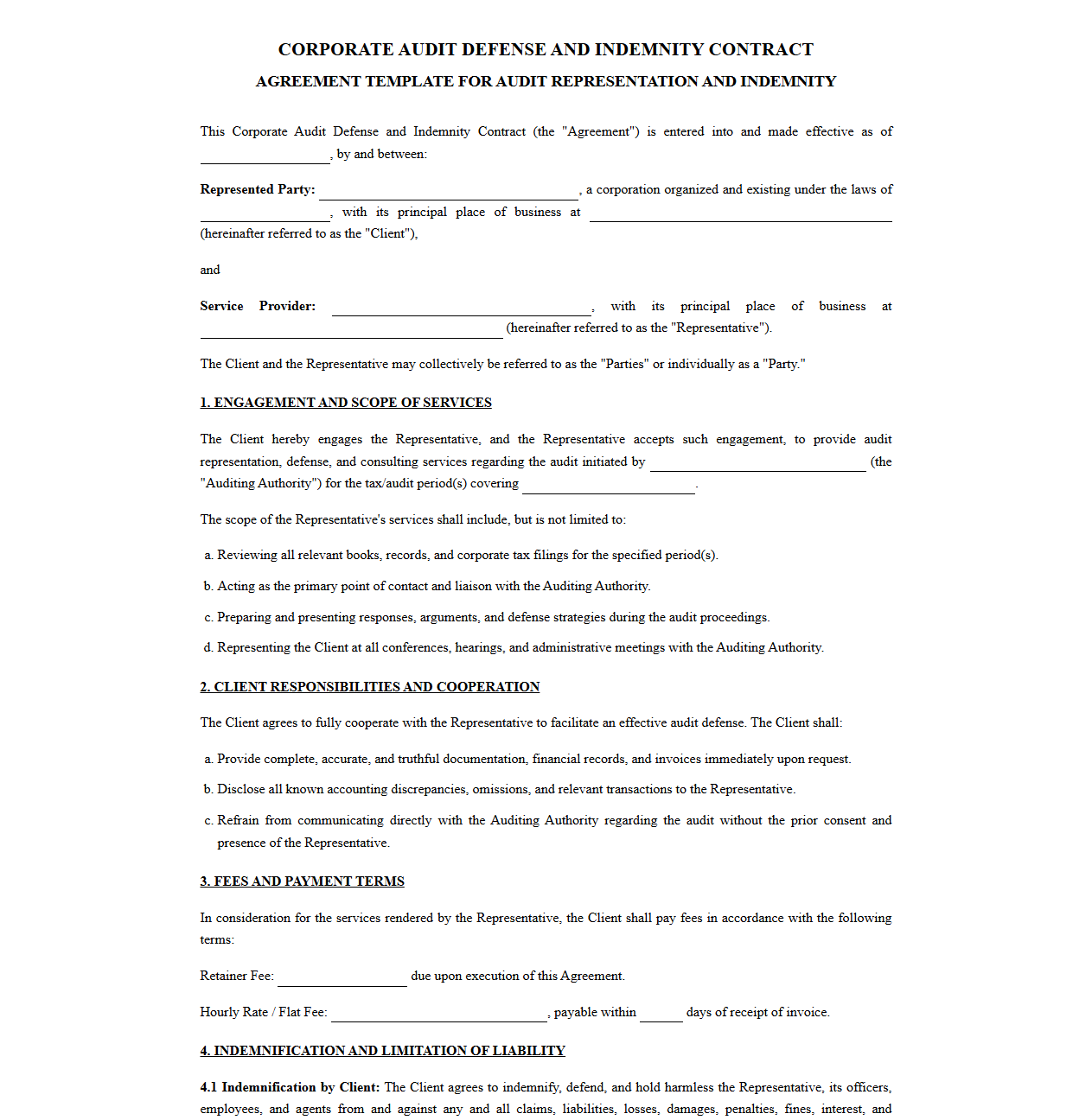 Corporate Audit Defense and Indemnity Contract