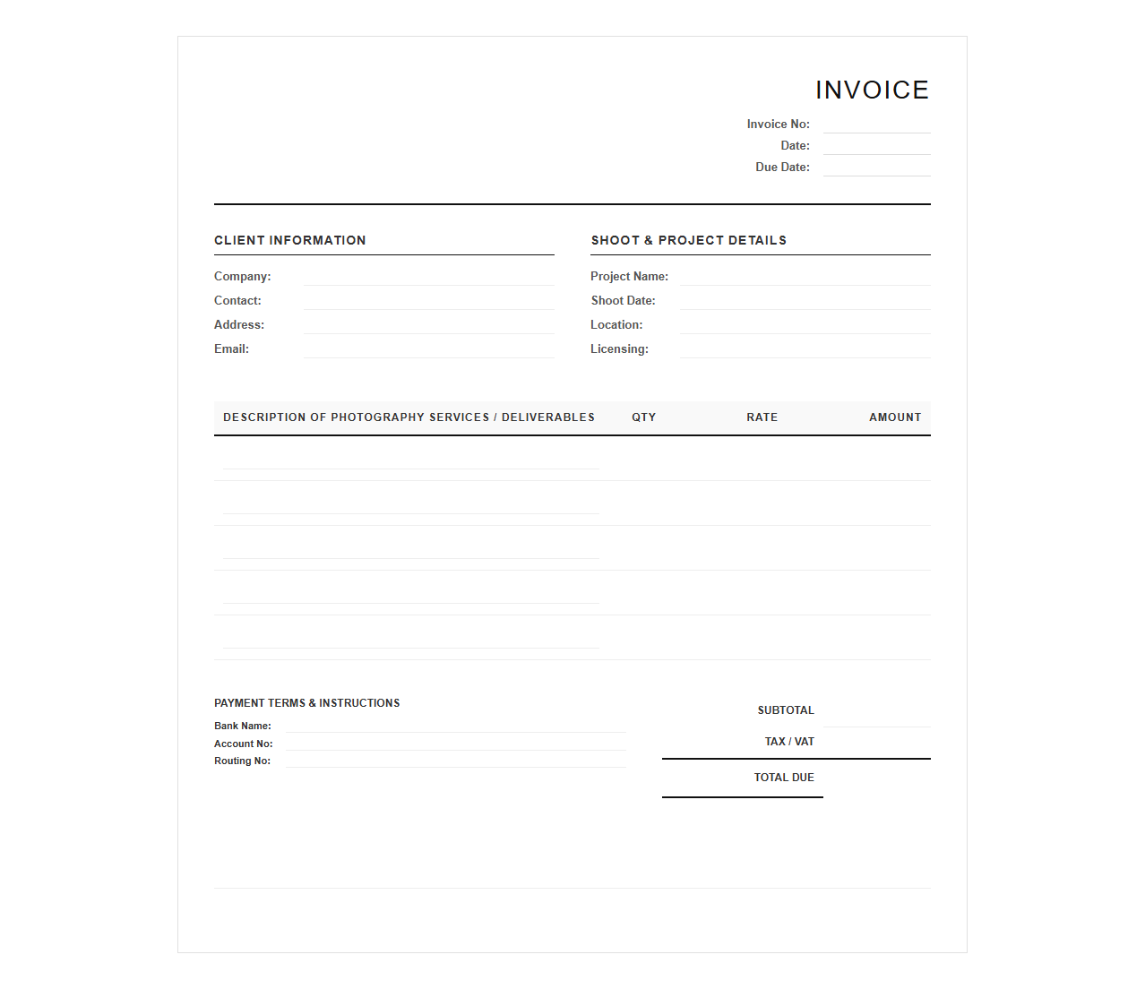 Corporate Branding Photography Invoice
