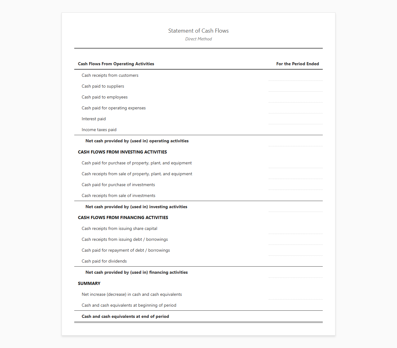 Corporate Direct Method Cash Flow Template