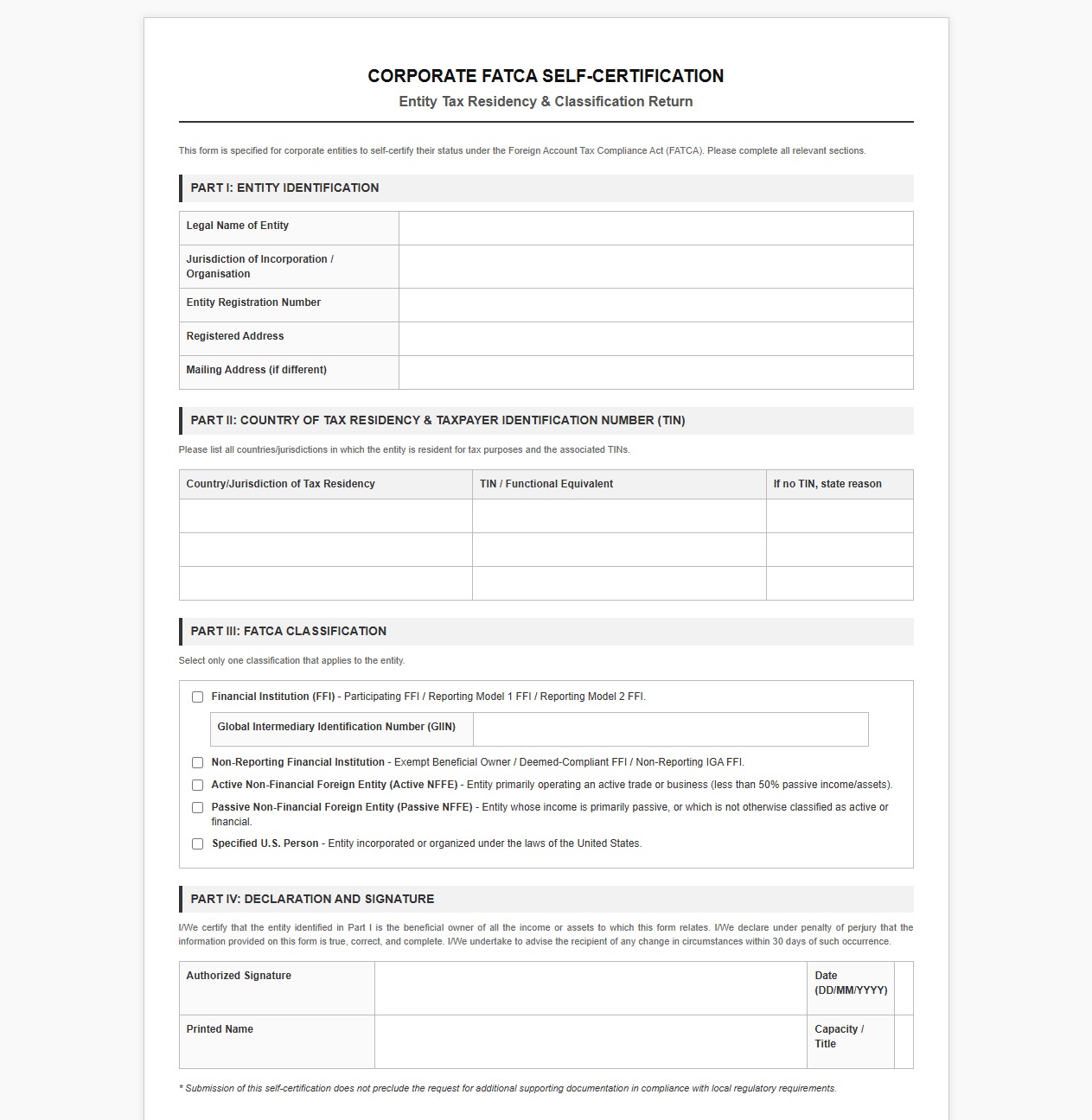Corporate FATCA Self-Certification and Tax Return Template
