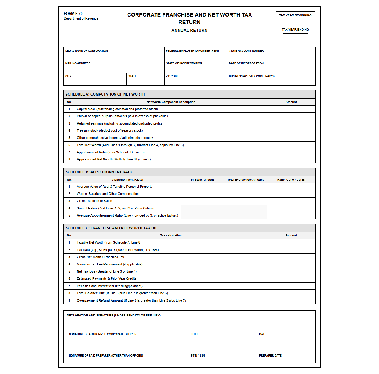 Corporate Franchise and Net Worth Tax Return
