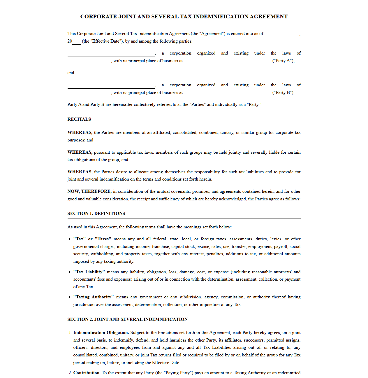 Corporate Joint and Several Tax Indemnification Agreement