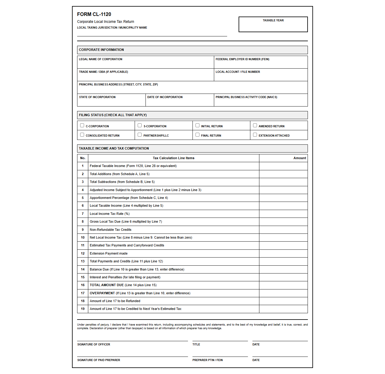 Corporate Local Tax Return Filing Template