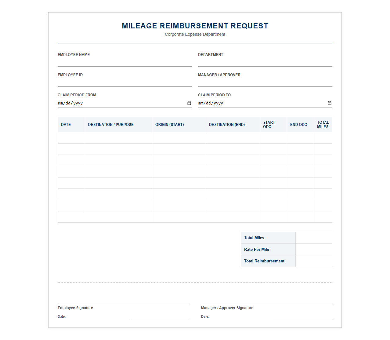 Corporate Mileage Reimbursement Request Form