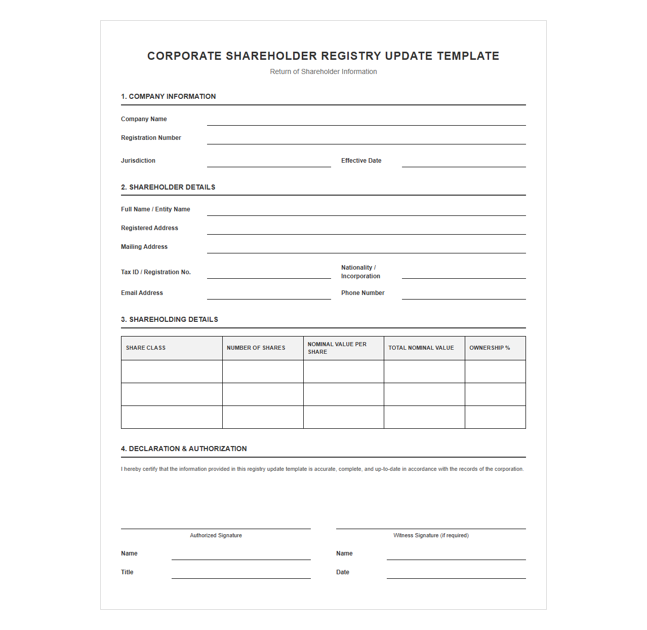 Corporate Shareholder Registry Update Template