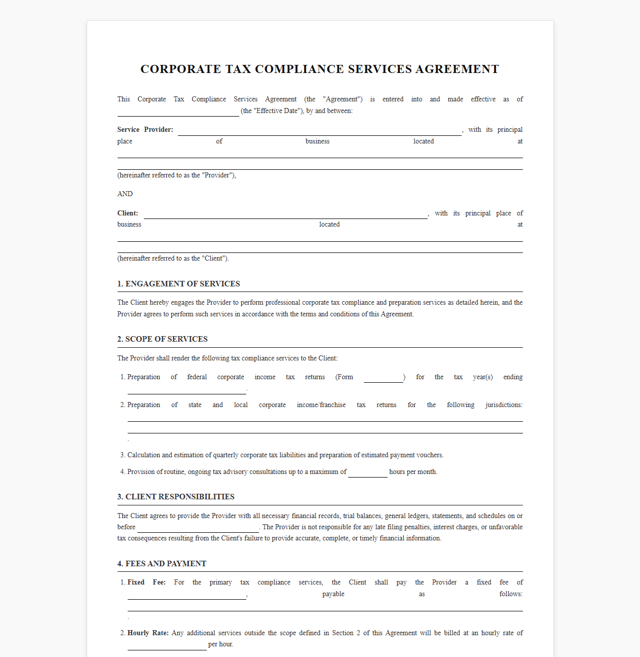 Corporate Tax Compliance Agreement Template