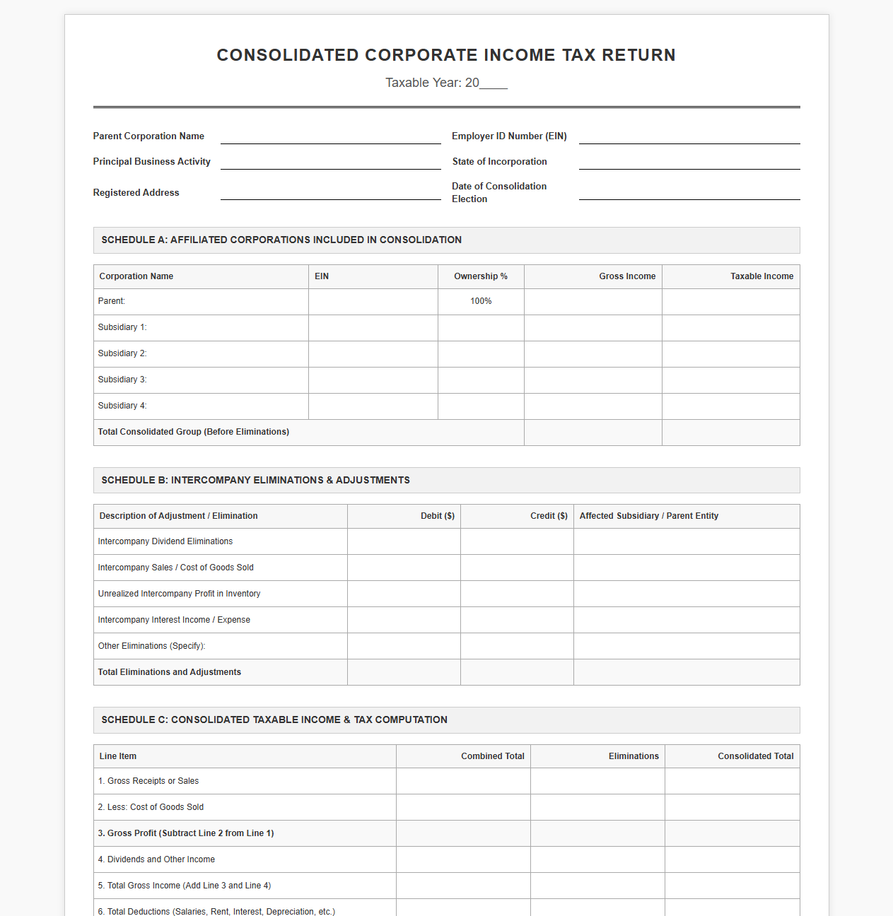 Corporate Tax Consolidation Filing Template
