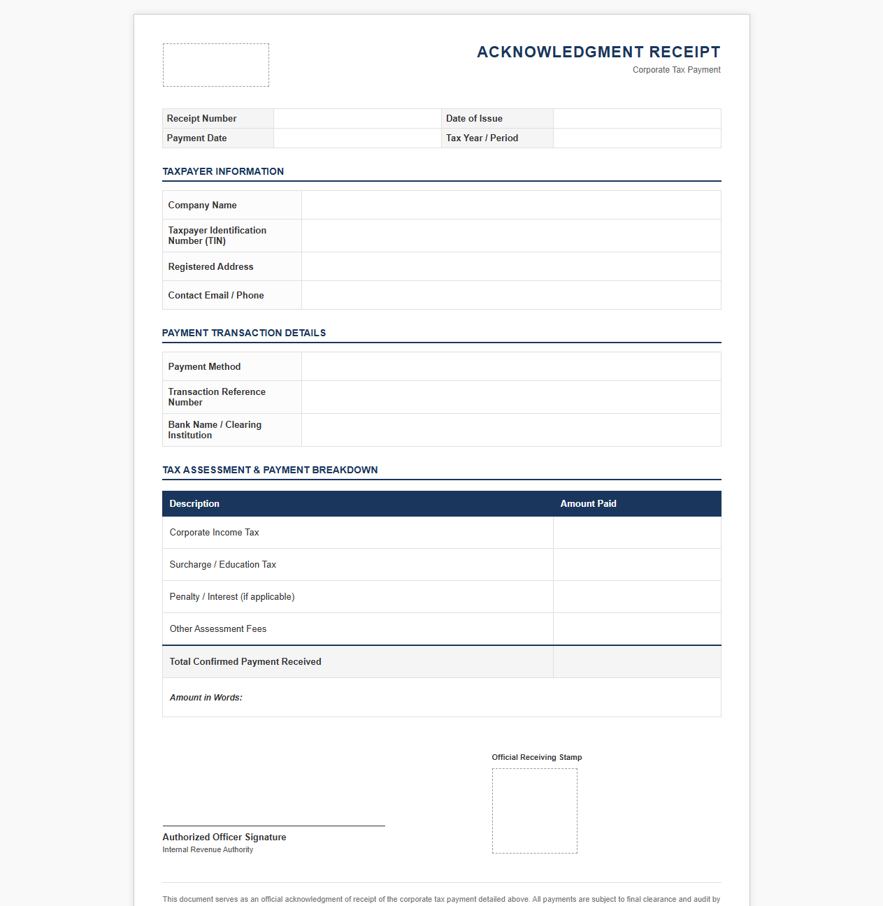 Corporate Tax Payment Acknowledgment Receipt