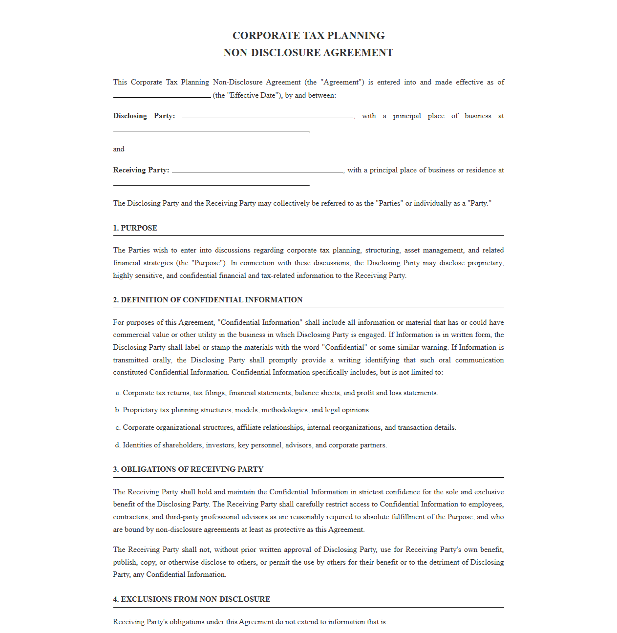Corporate Tax Planning Non-Disclosure Agreement