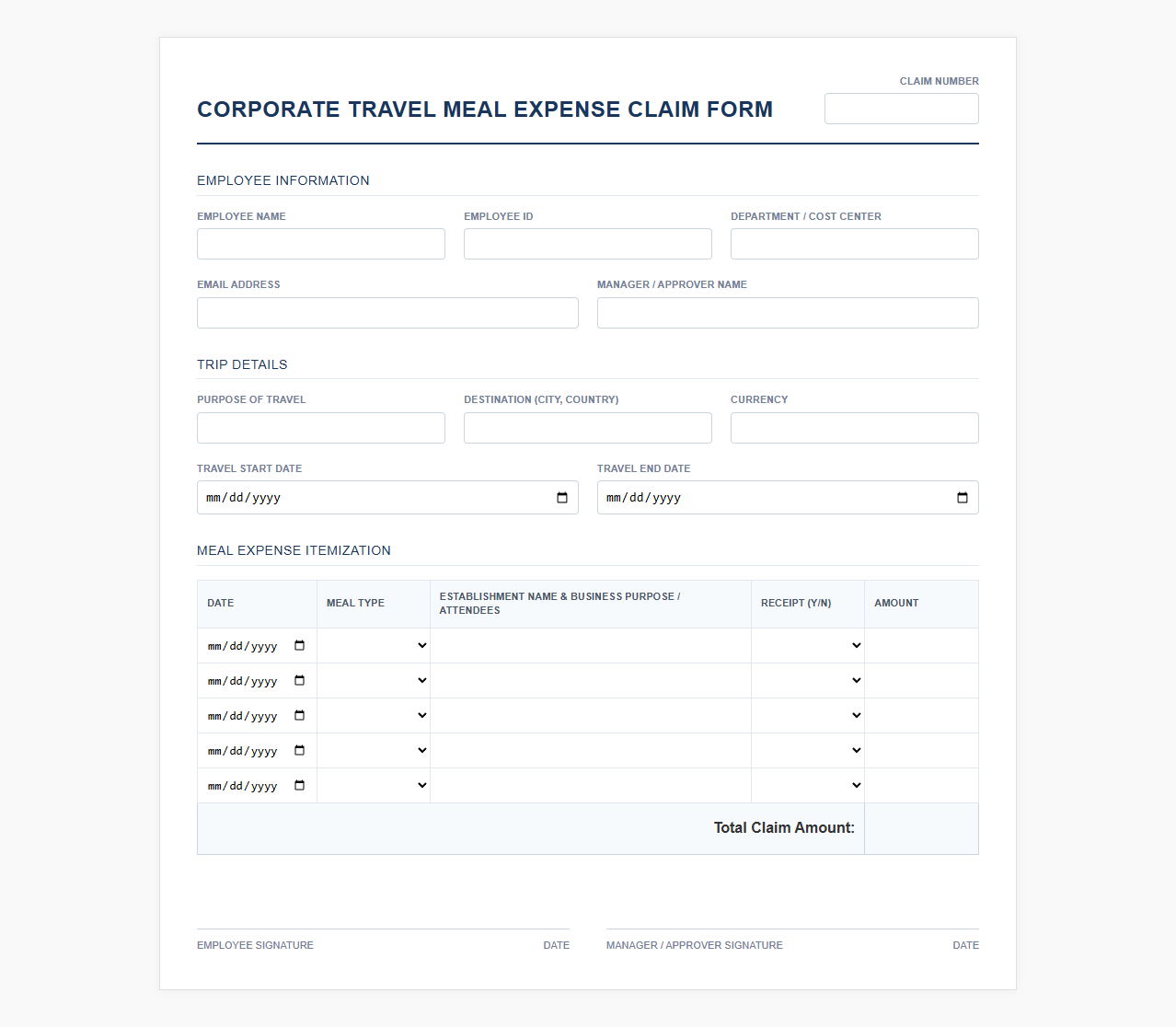 Corporate Travel Meal Expense Claim Form