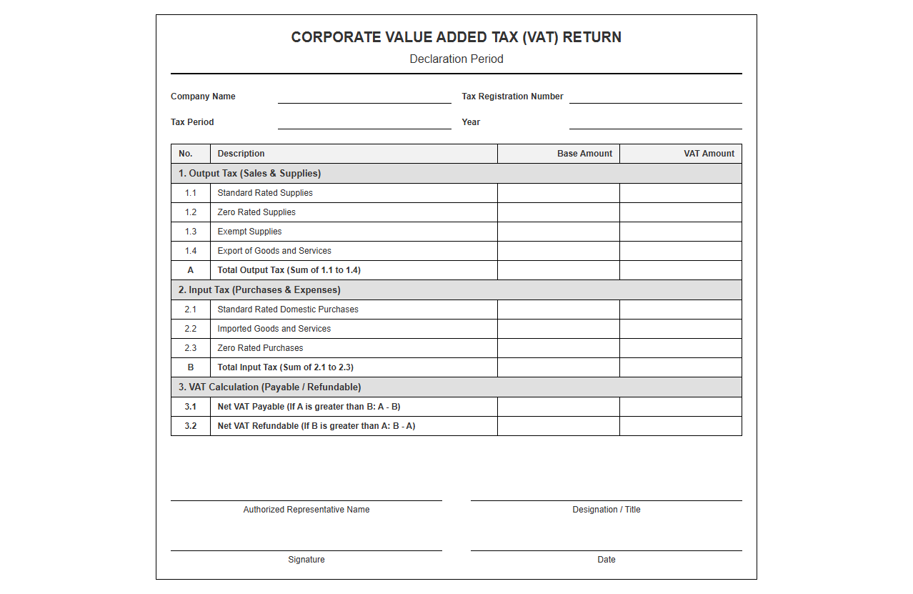 Corporate Value Added Tax Declaration Template