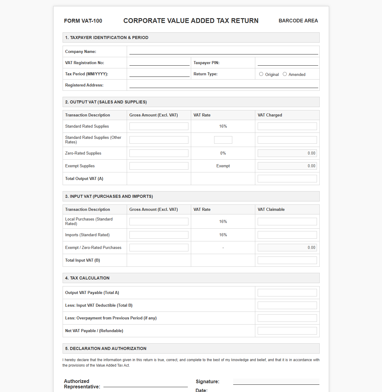 Corporate Value Added Tax Filing Form