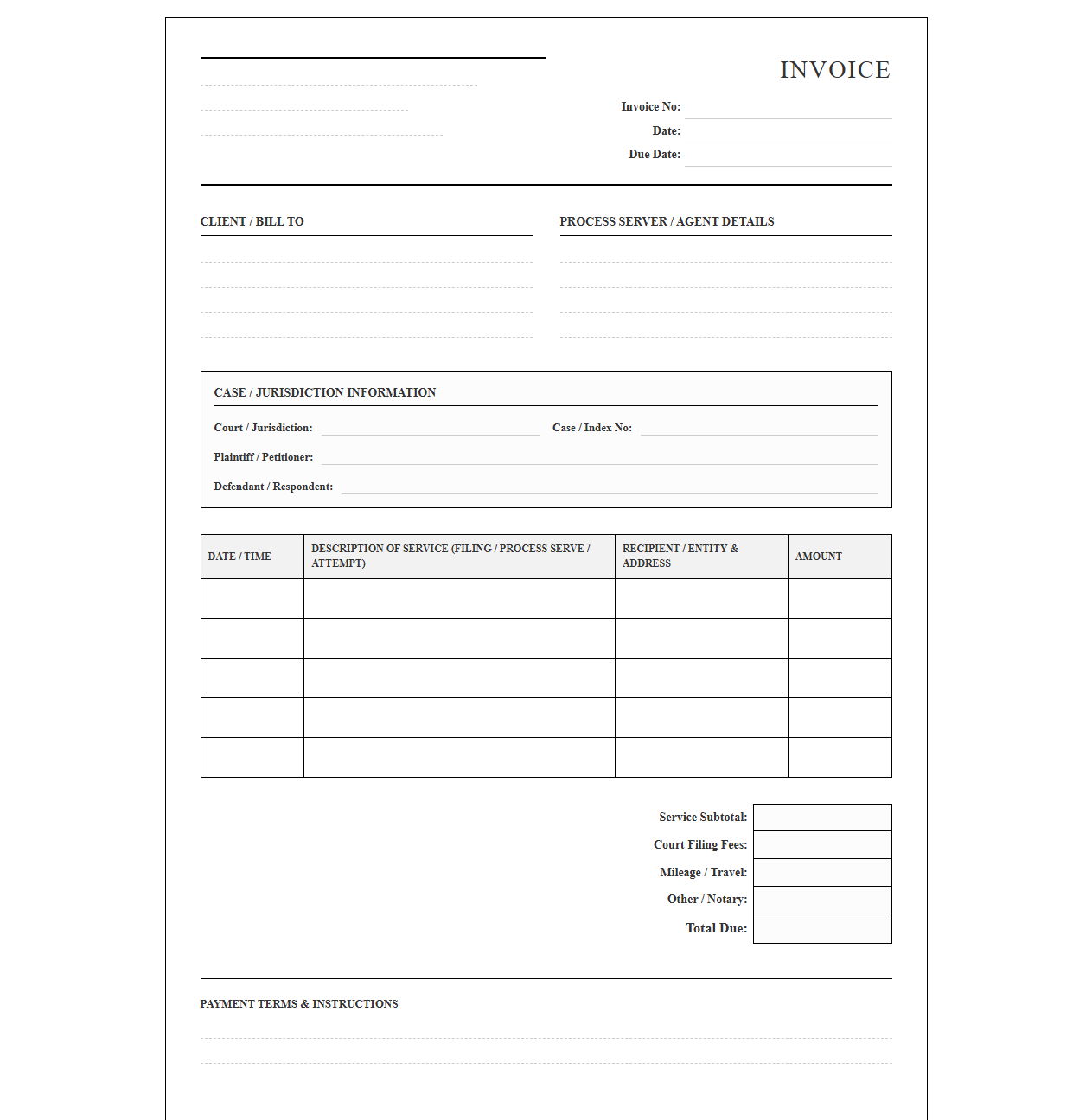 Court Filing and Process Server Invoice