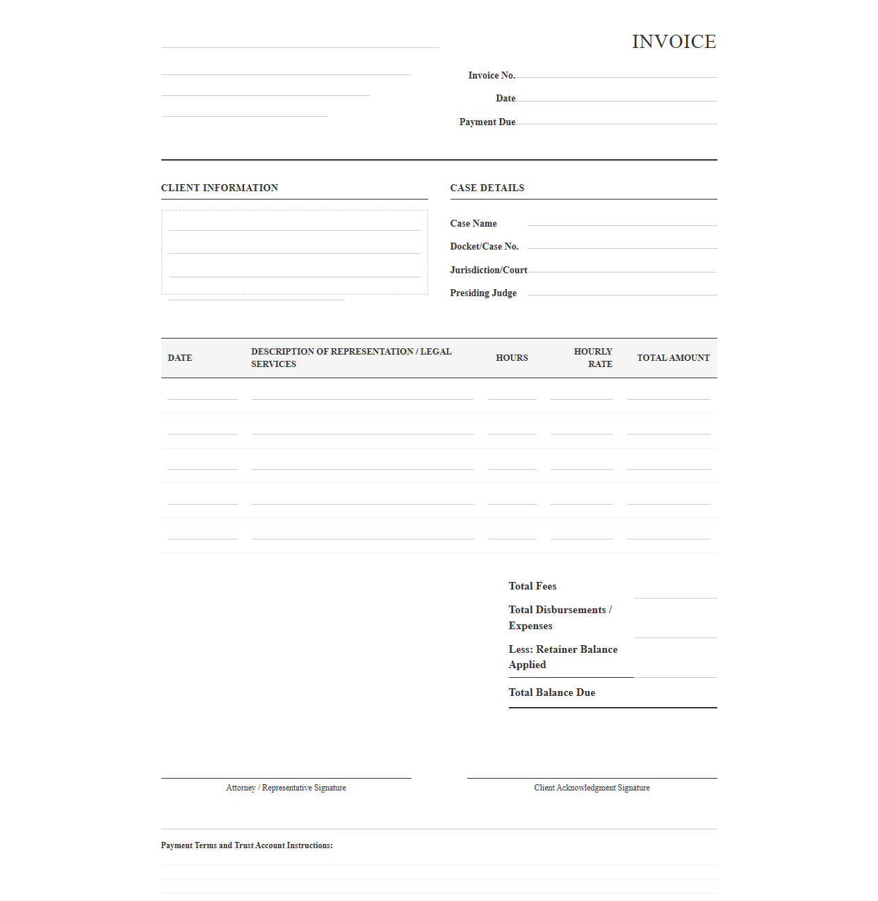 Court Representation Fee Invoice Template
