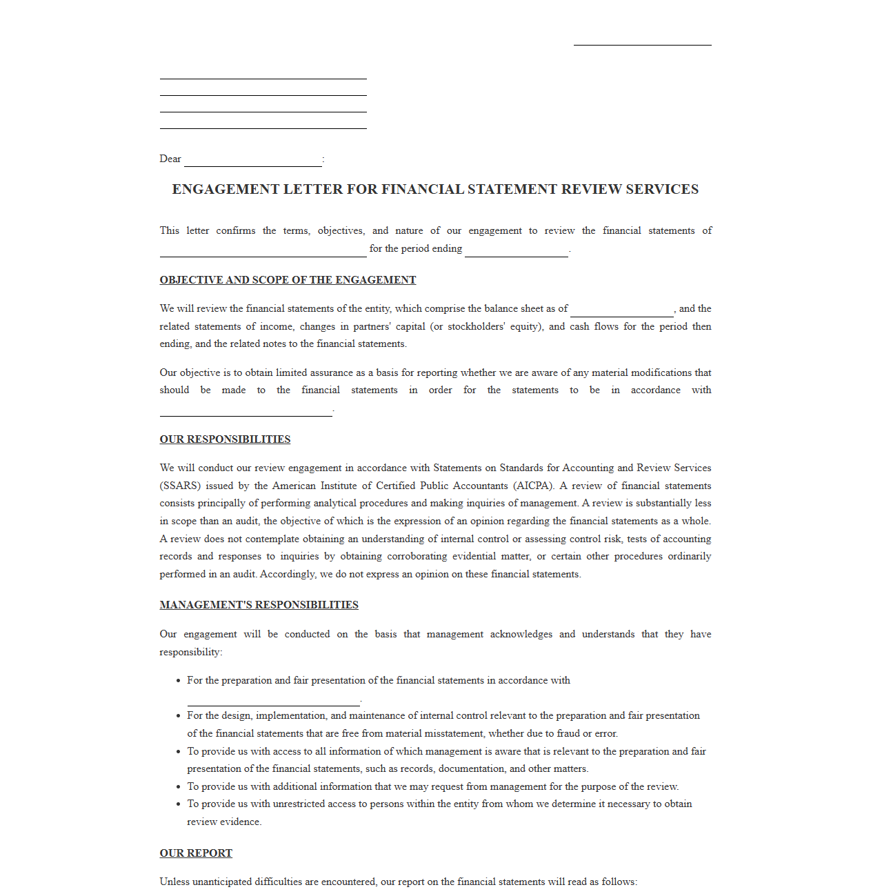 CPA Financial Statement Review Engagement Letter
