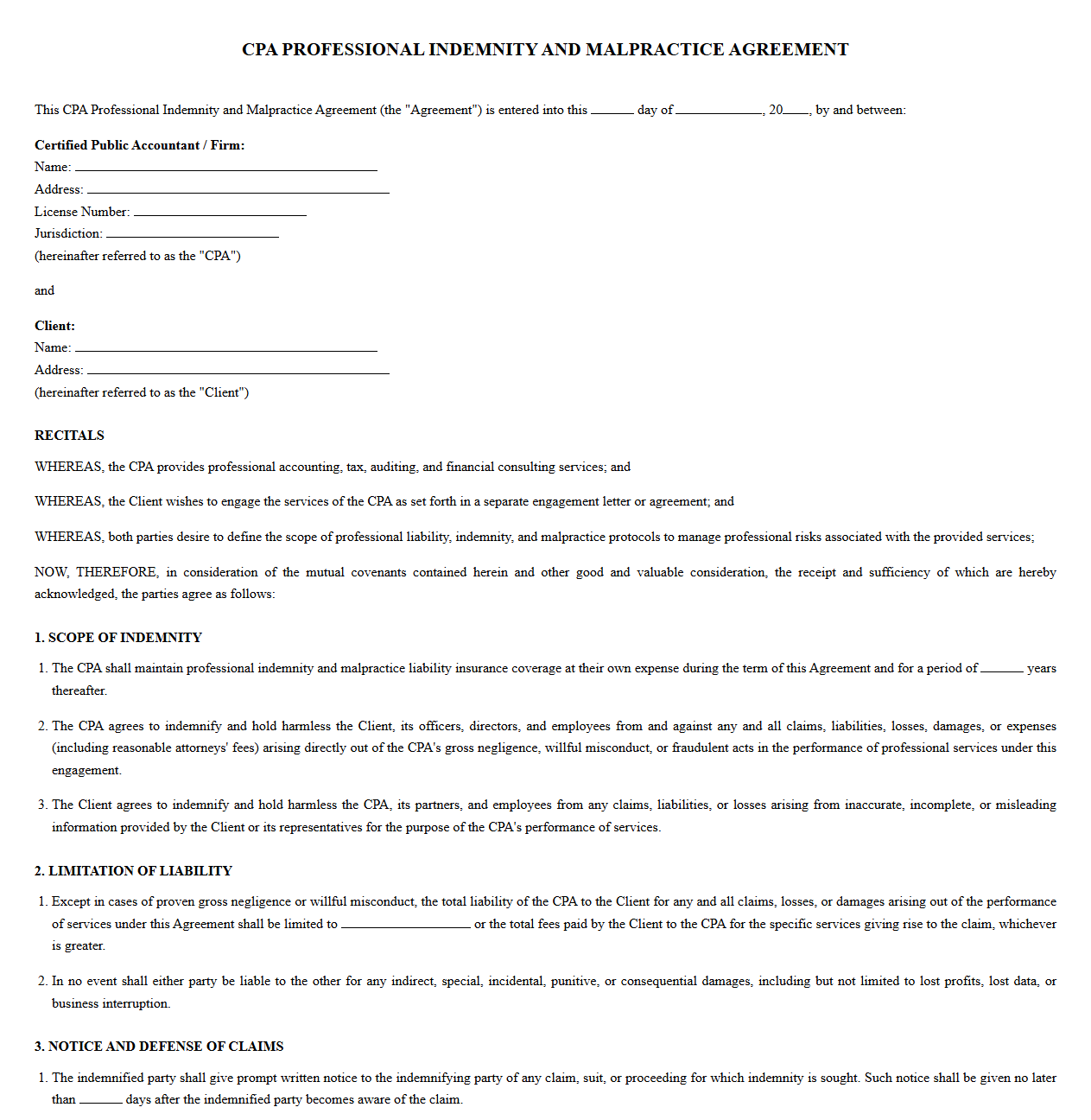 CPA Professional Indemnity and Malpractice Agreement
