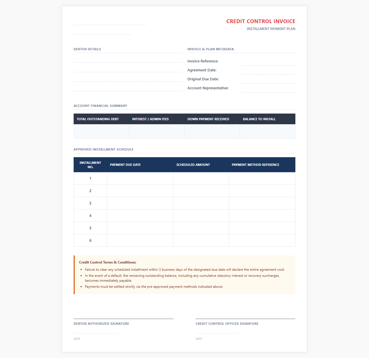 Credit Control Invoice with Installment Payment Plan