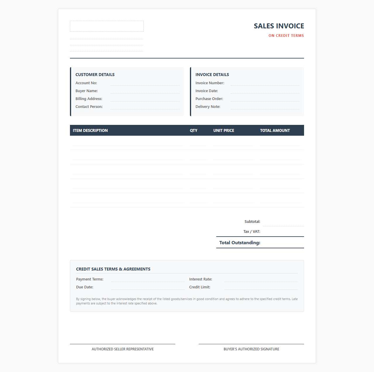 Credit Terms Sales Invoice Template