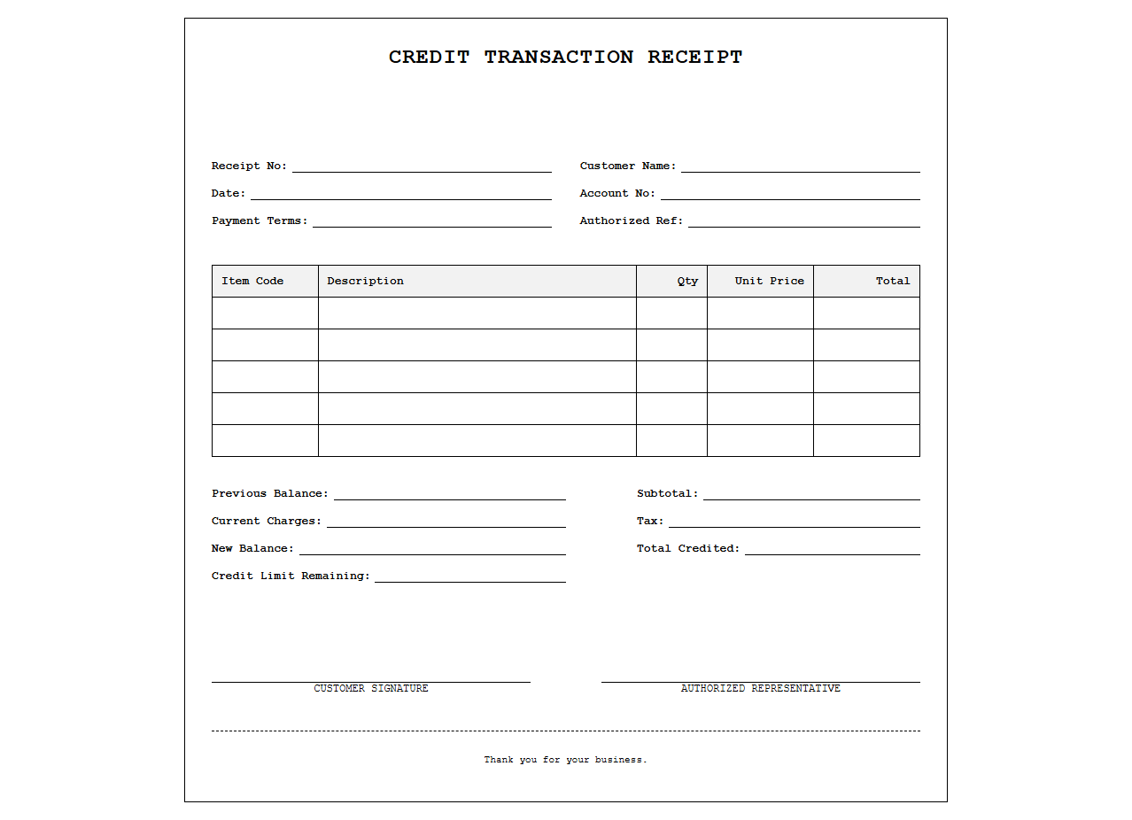 Credit Transaction Receipt Template