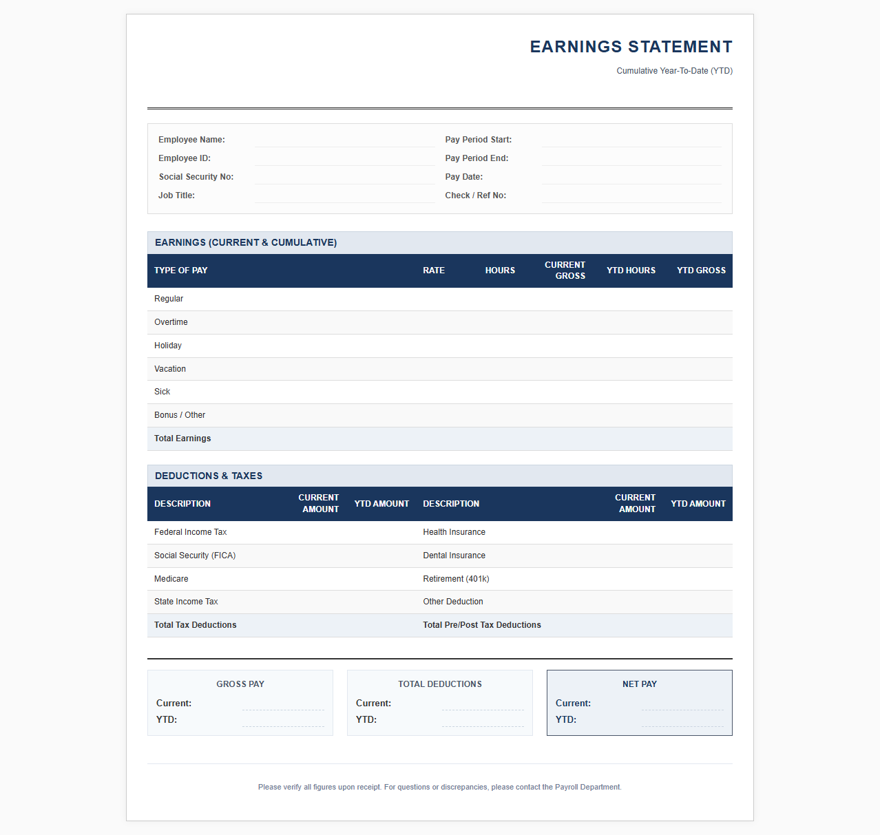 Cumulative Payroll Earnings Statement Template