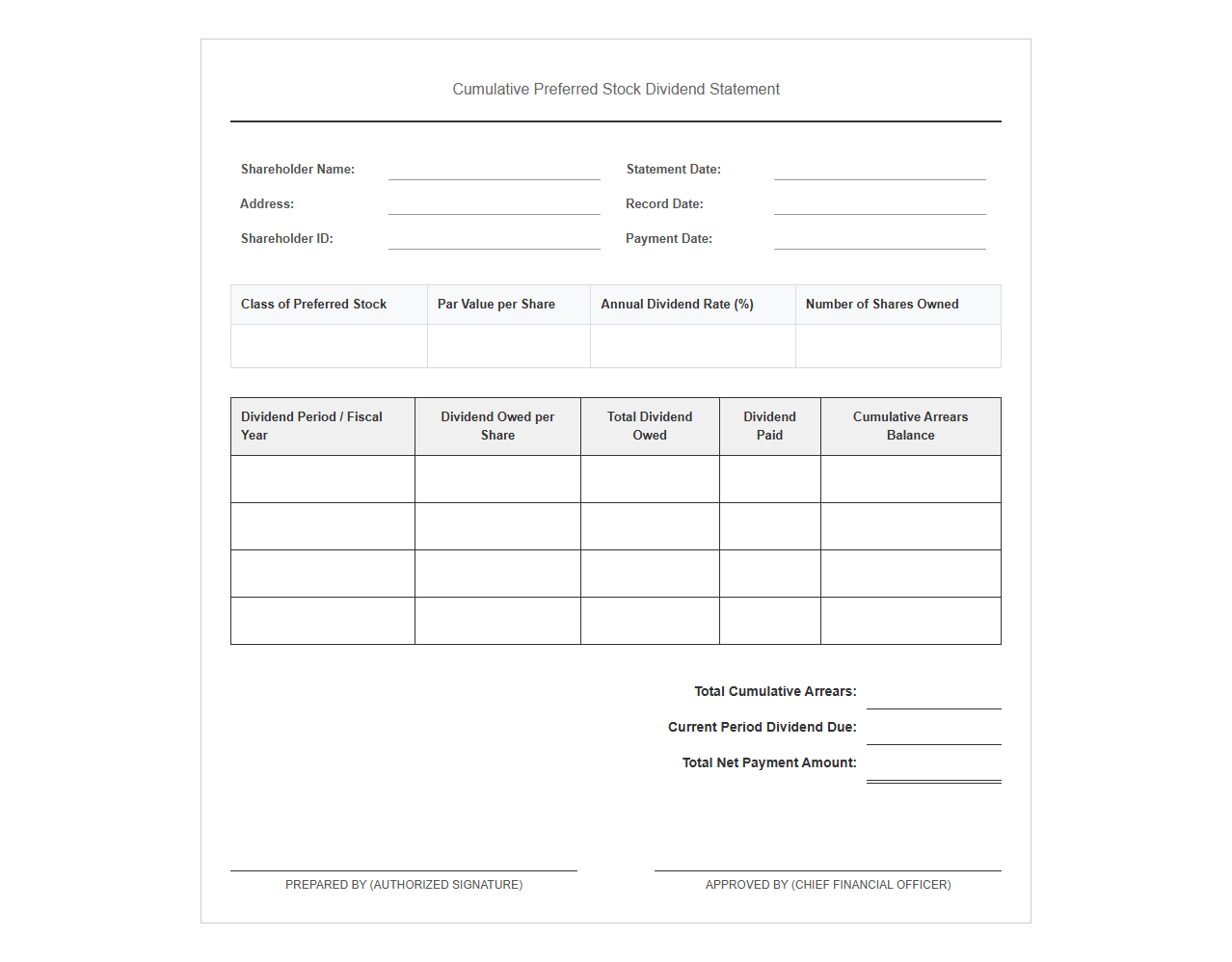 Cumulative Preferred Stock Dividend Statement Template