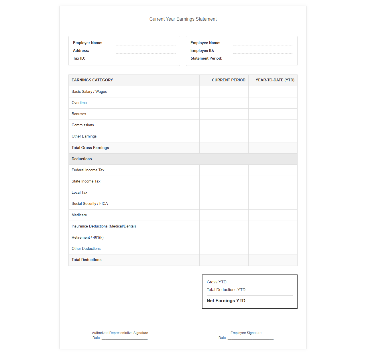 Current Year Earnings Statement Template
