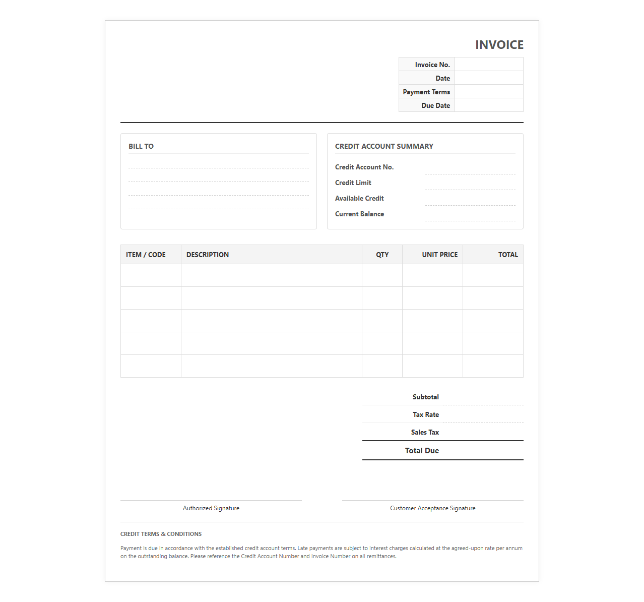 Customer Credit Account Invoice Template