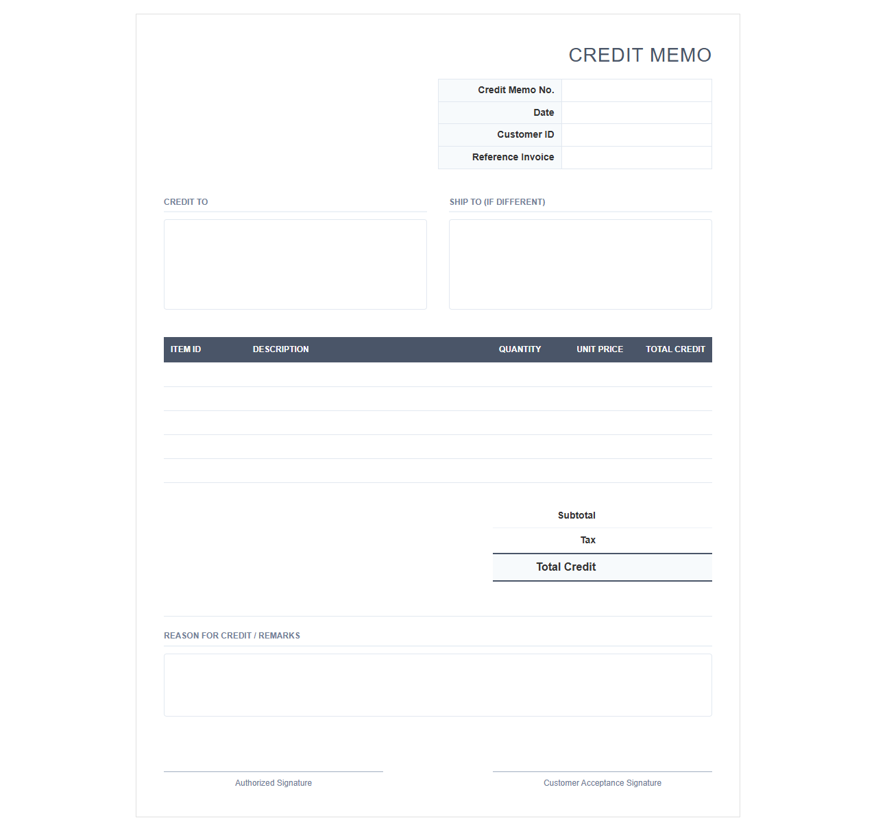 Customer Credit Memo Statement Template