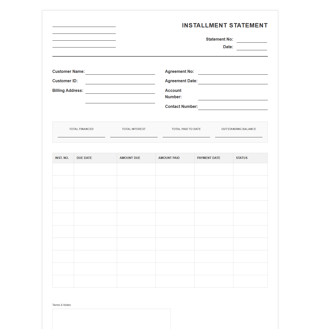 Customer Installment Schedule Statement