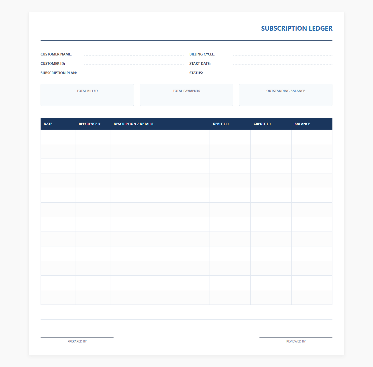 Customer Subscription Receivables Ledger Template
