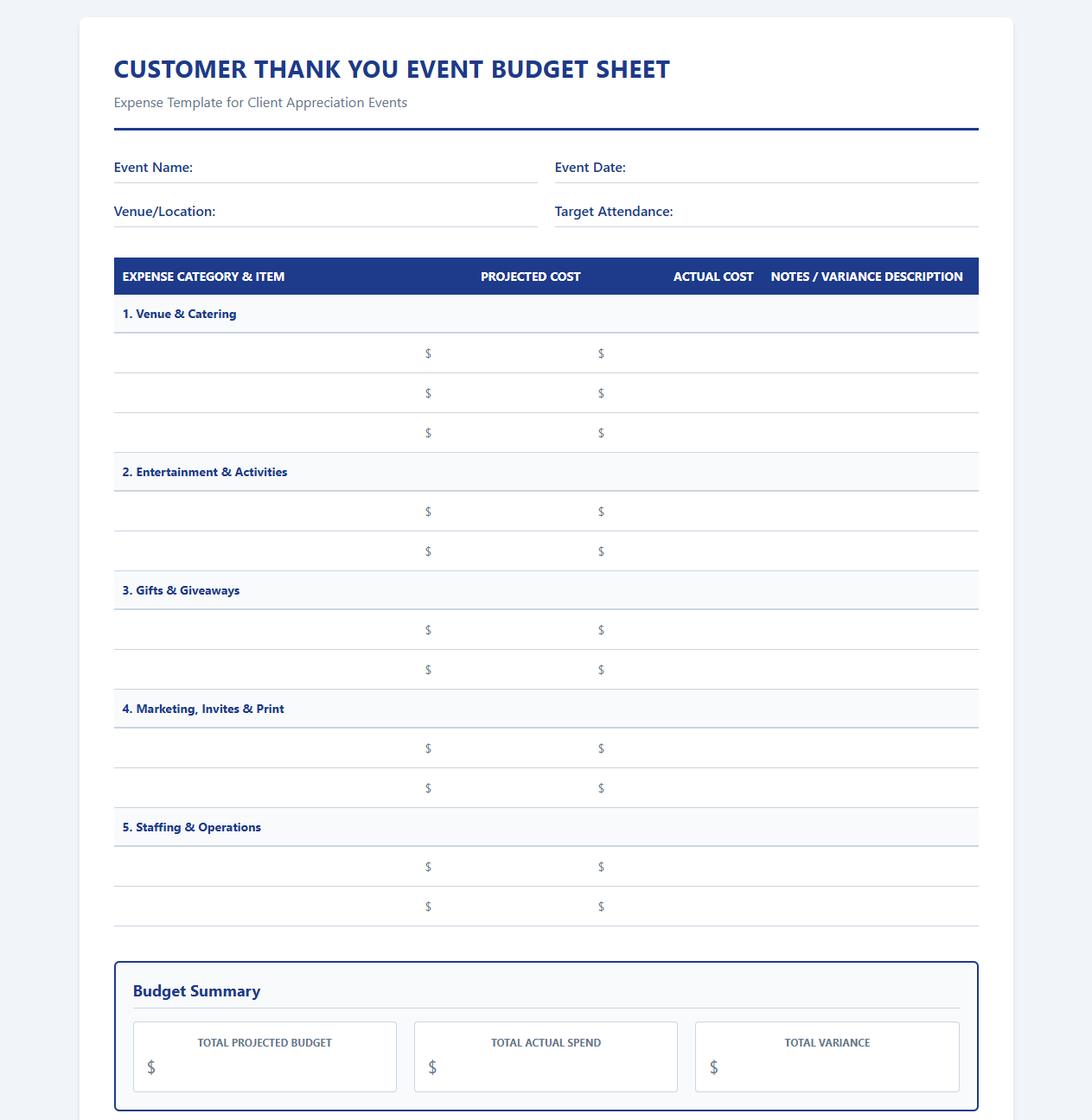 Customer Thank You Event Budget Sheet