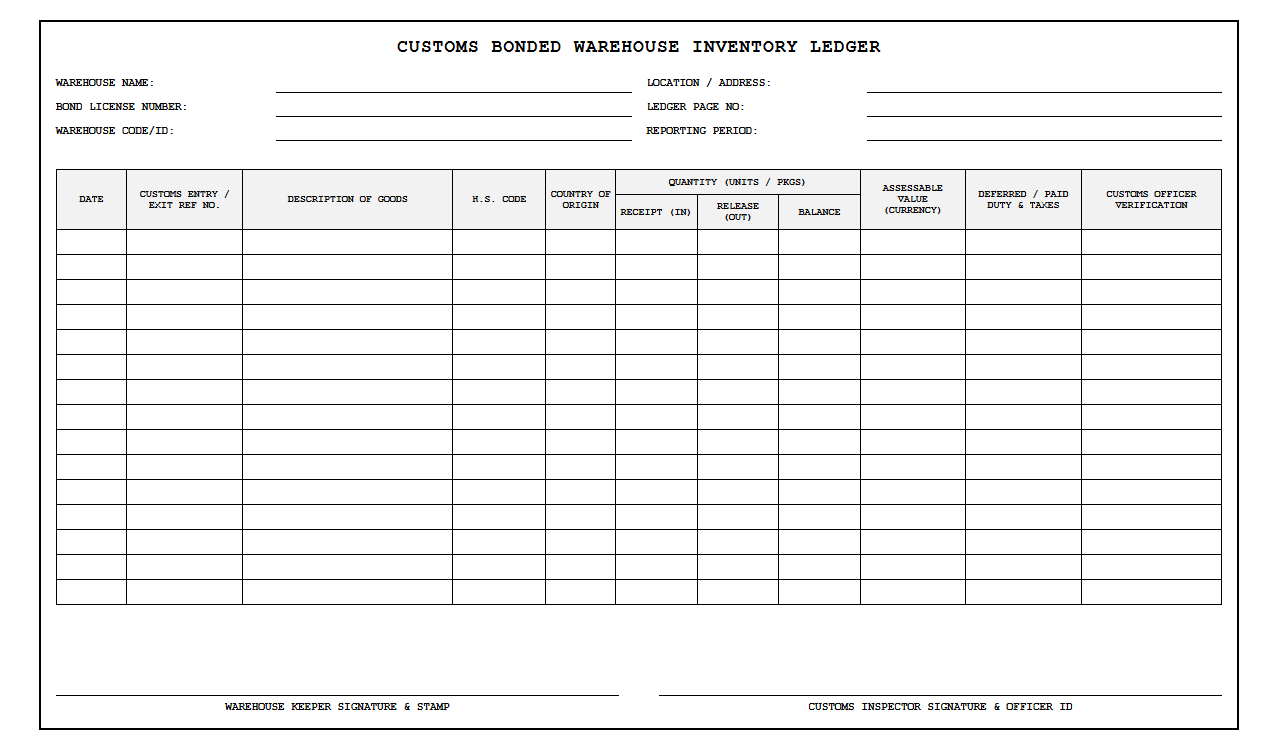 Customs Bonded Warehouse Inventory Ledger