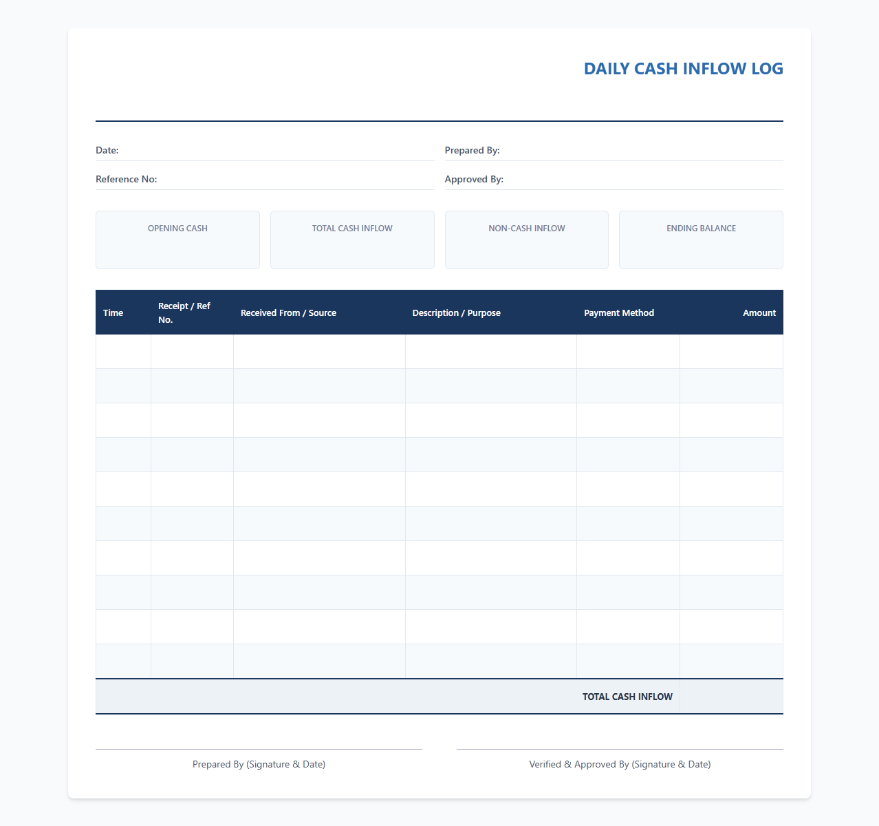 Daily Cash Inflow Log Template