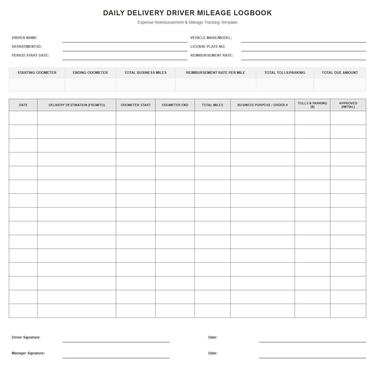 Daily Delivery Driver Mileage Logbook Template