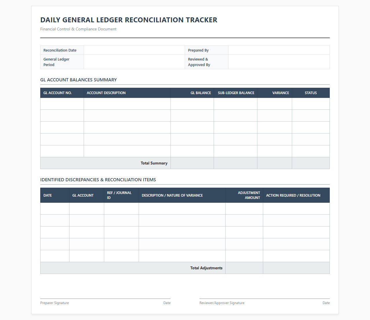 Daily General Ledger Reconciliation Tracker