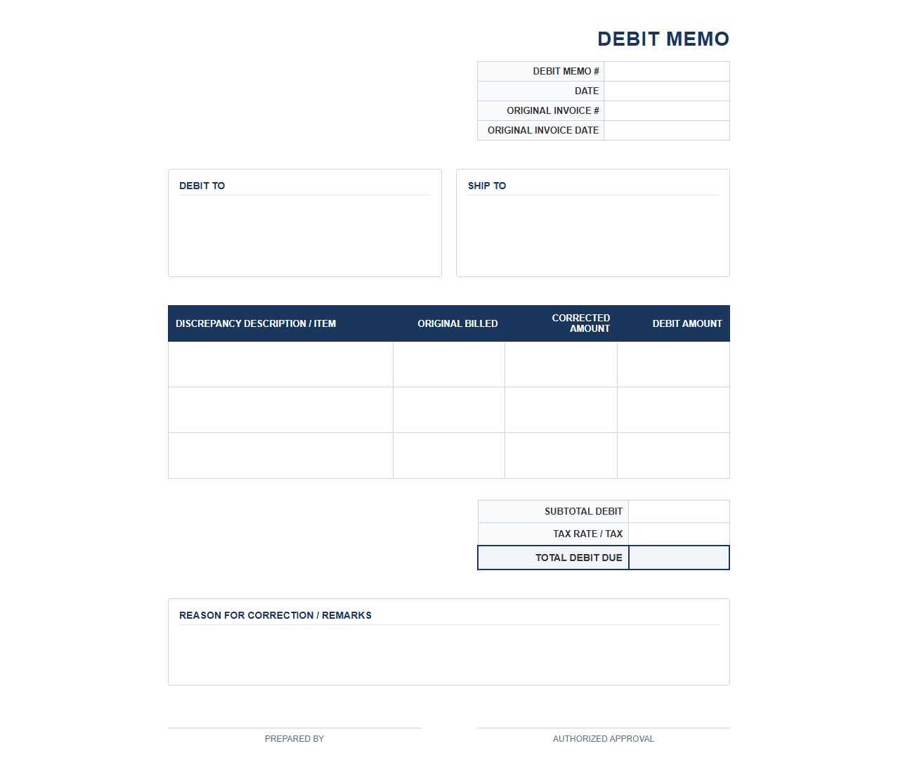 Debit Memo Template for Billing Discrepancy Correction
