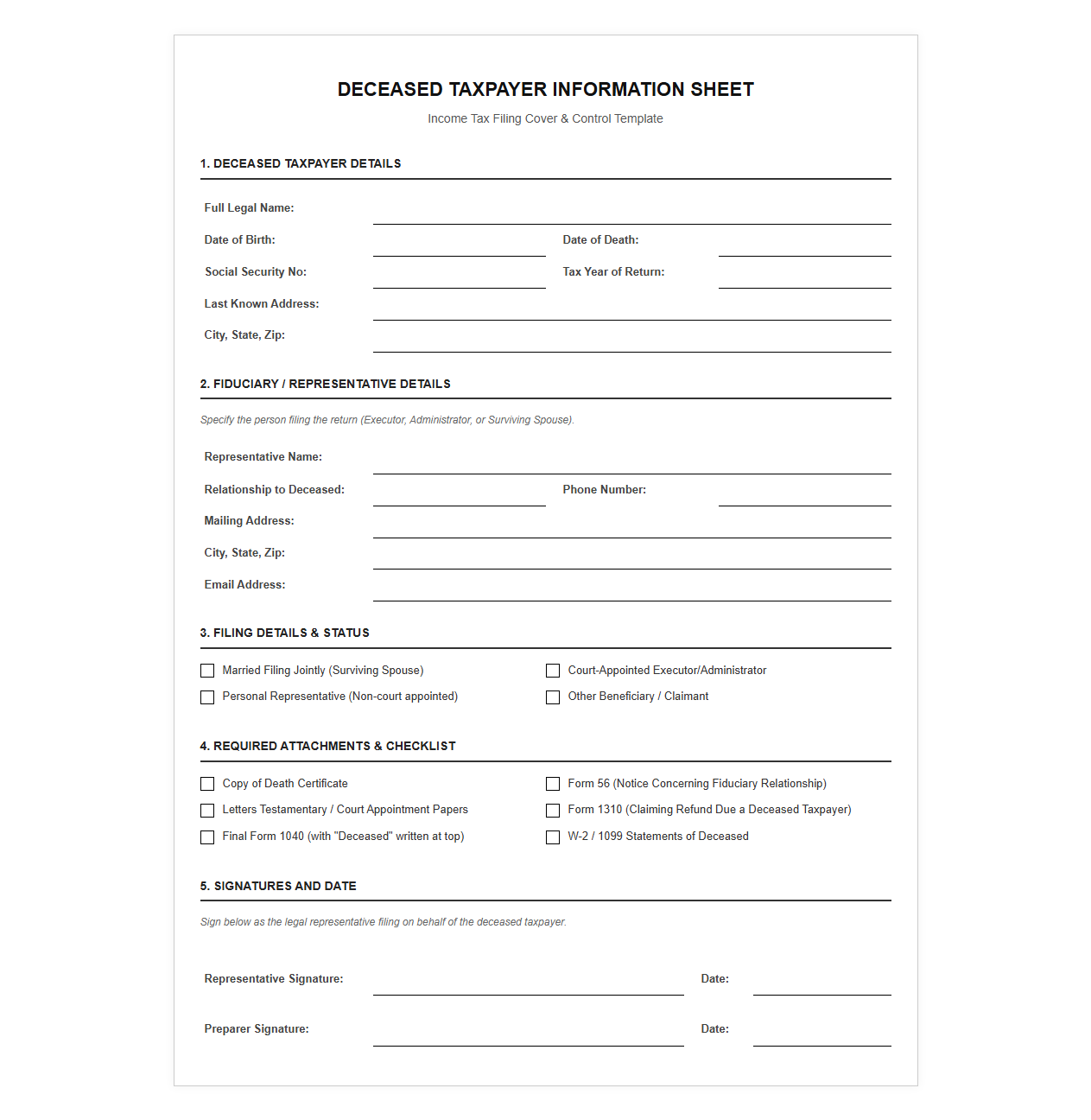 Deceased Taxpayer Income Tax Filing Template