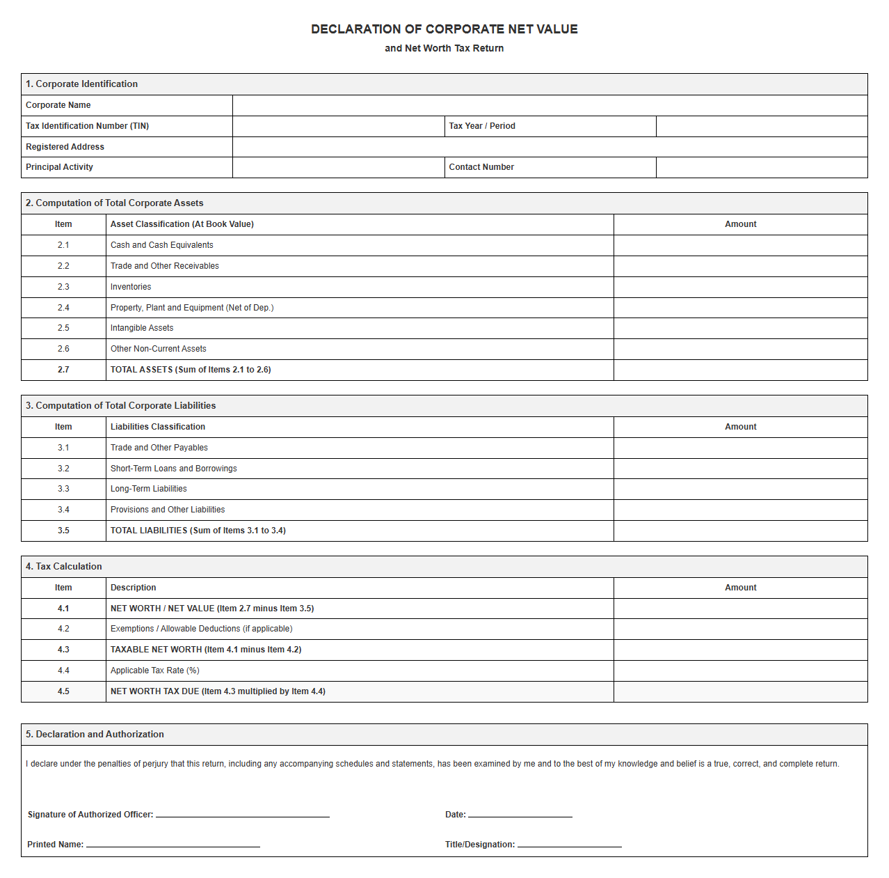 Declaration of Corporate Net Value and Tax Return