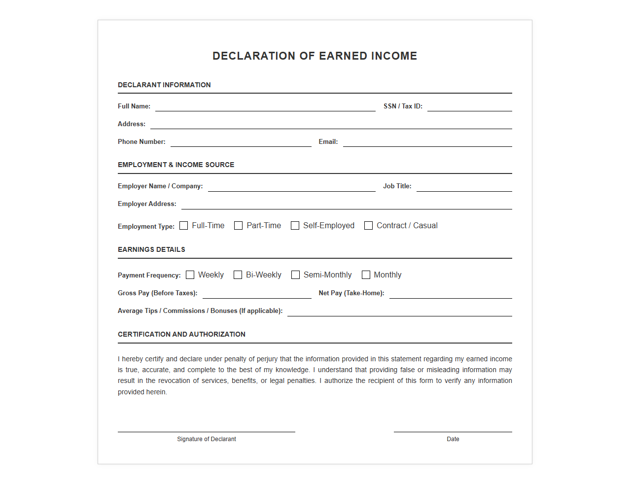 Declaration of Earned Income Template