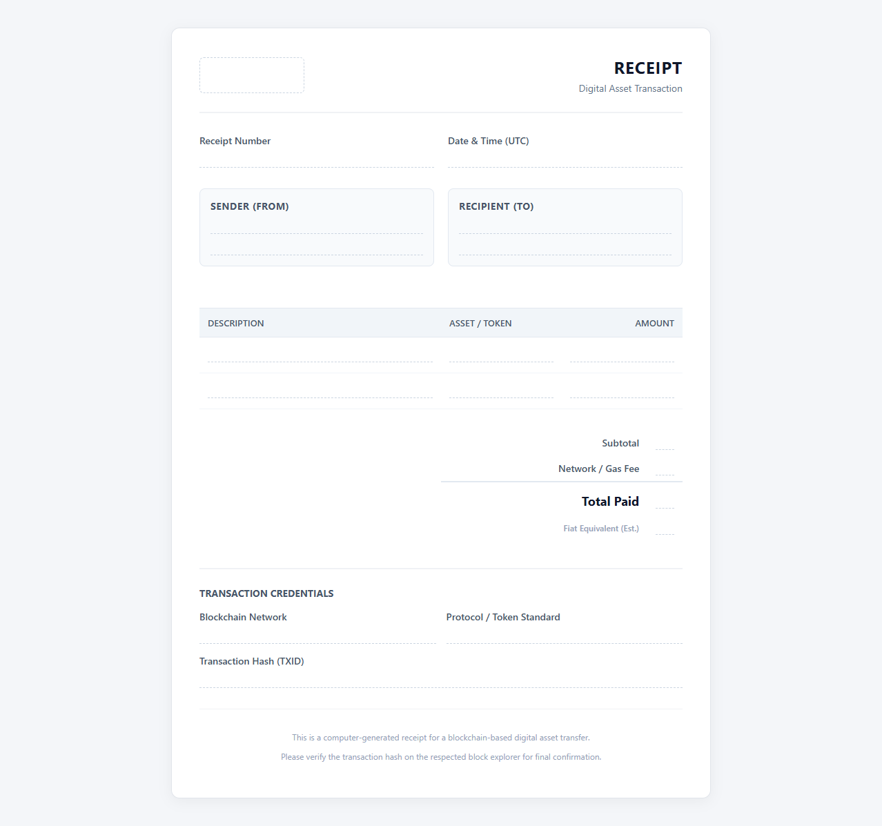 Digital Asset Payment Receipt Template
