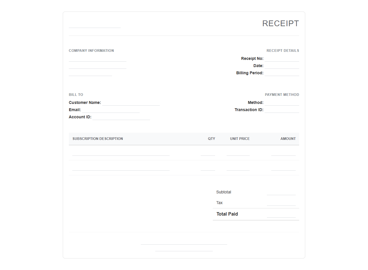 Digital Service Subscription Receipt Template
