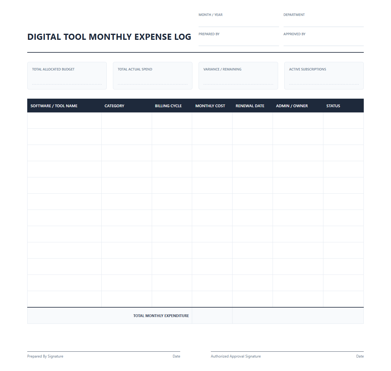 Digital Tool Monthly Expense Log