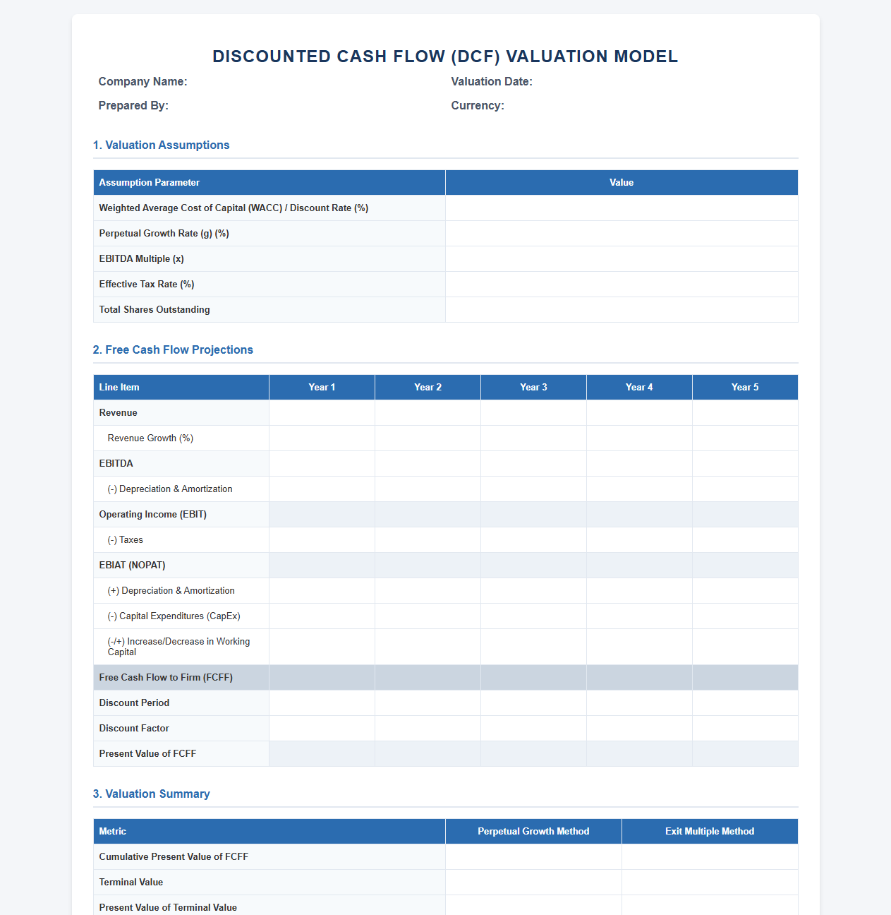 Discounted Cash Flow Analysis Statement Template